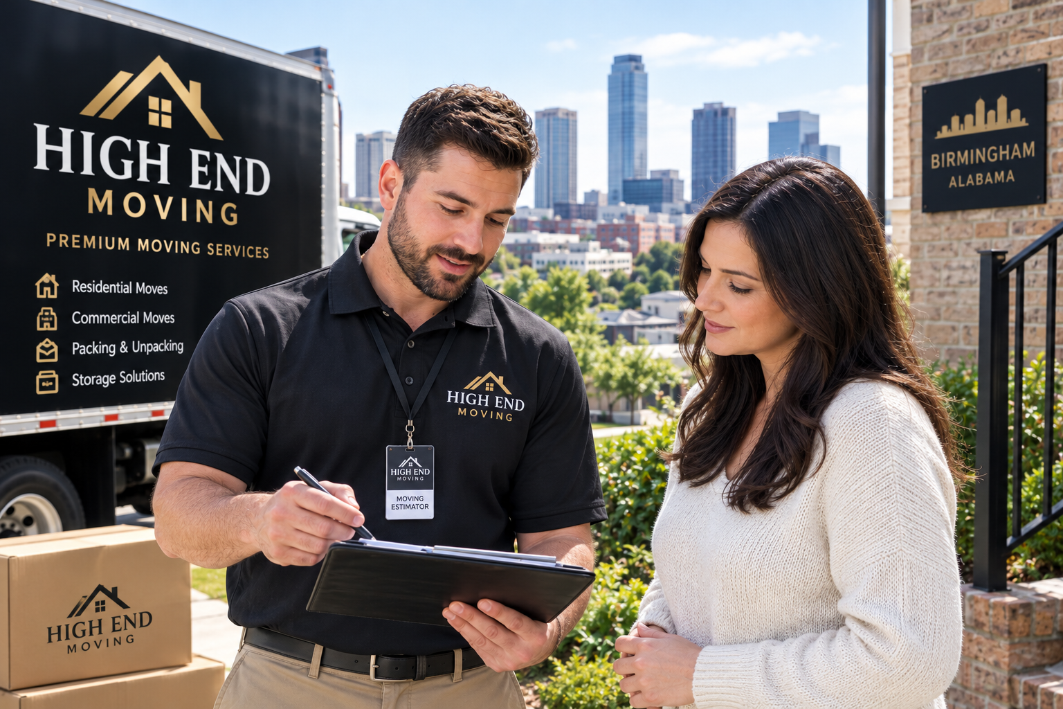 Professional Moving Estimate in Birmingham High-End Moving estimator reviewing move details with a customer in Birmingham</p>
<p>